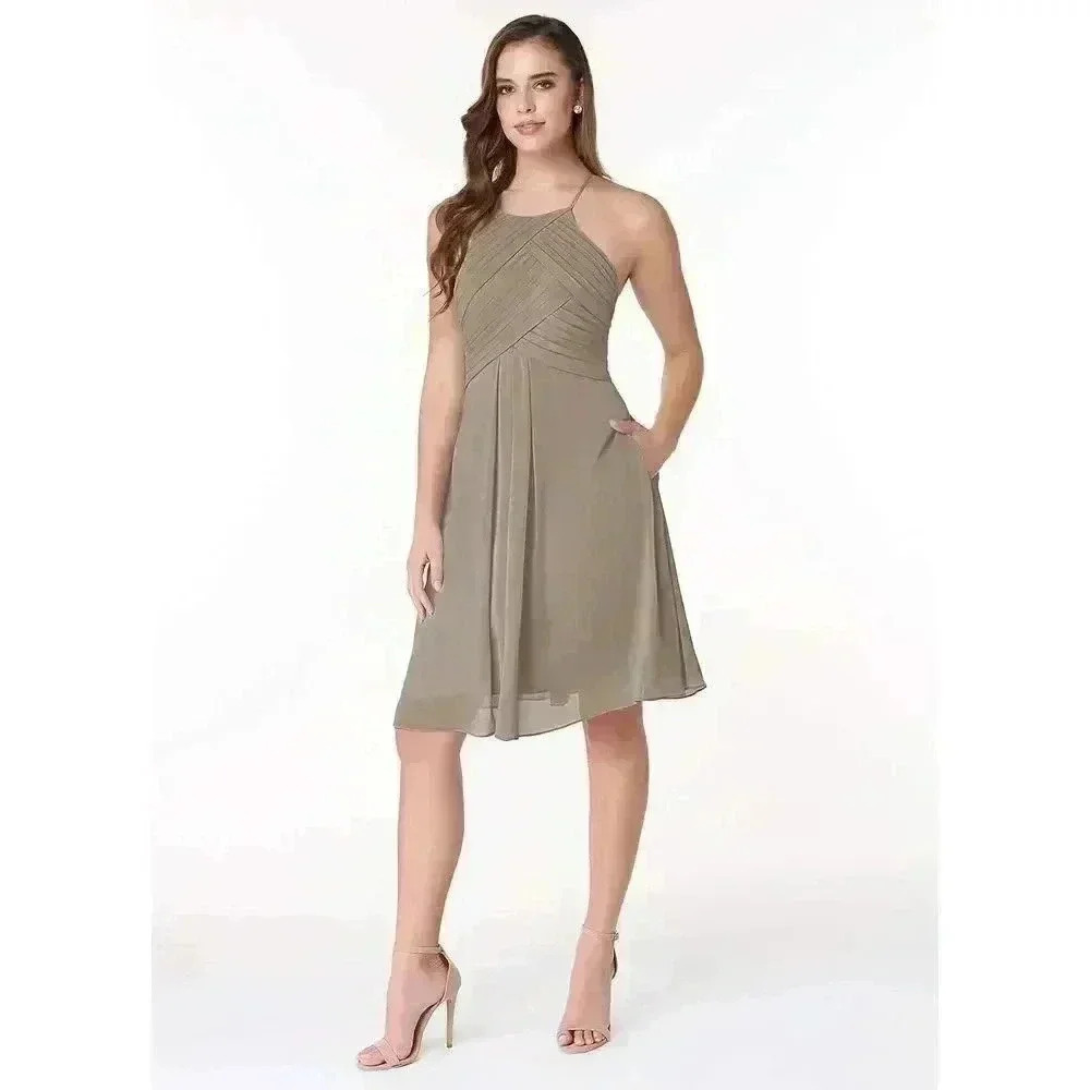 AZAZIE ADRIANA A-Line Pleated Chiffon Knee-Length Dress Taupe Size A2